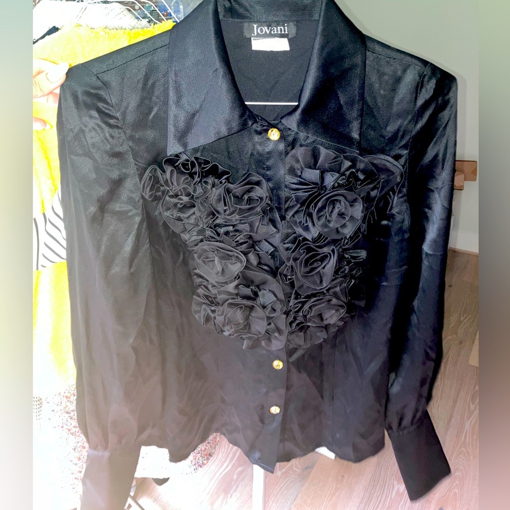 Jovani 100% Black silk blouse with Ruffles and Crystal Buttons